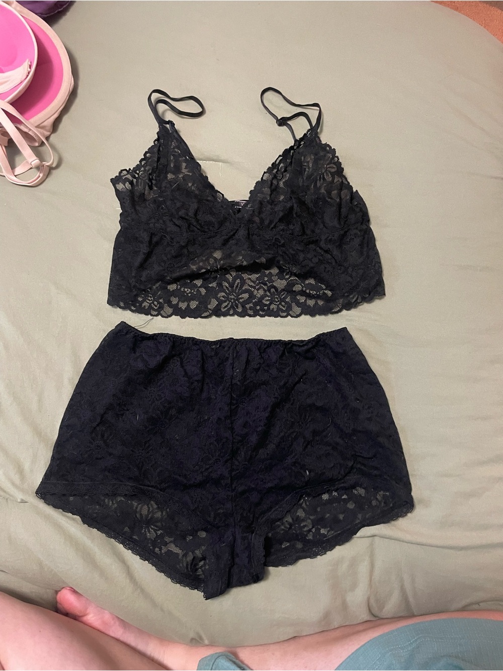 Victoria's Secret Black Lace Bralette & Lace Shorts Set